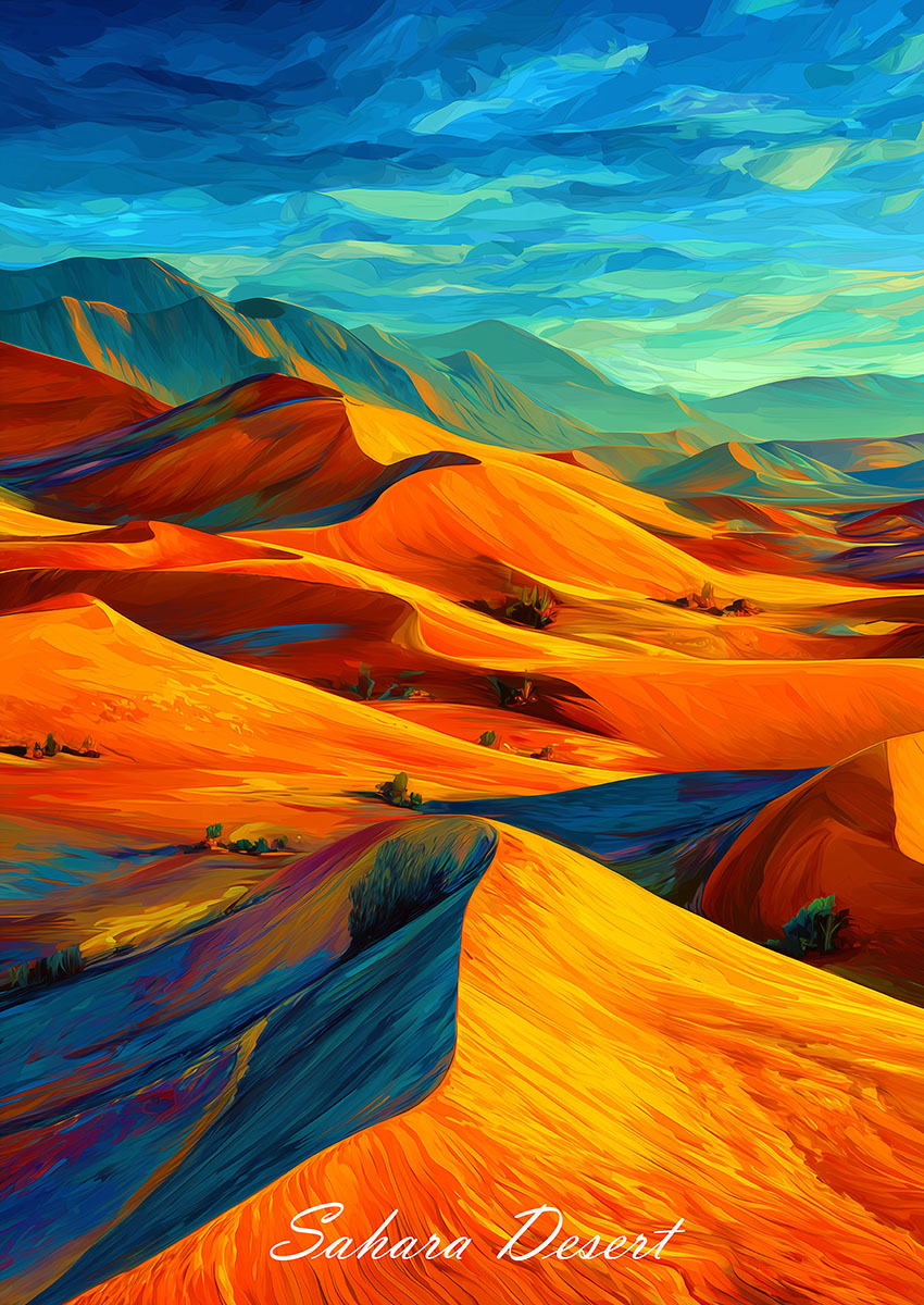 Vibrant abstract Sahara desert landscape with rolling dunes under a blue sky.